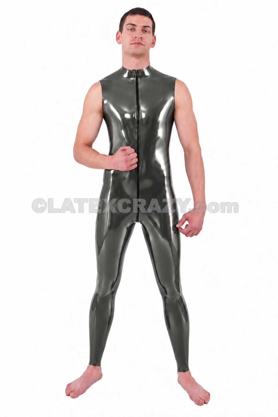 LAGER Latex Catsuit Man XS - XXL auch LANG transparent smoky black 0,4mm 3-Wege Front-RV verdeckt
